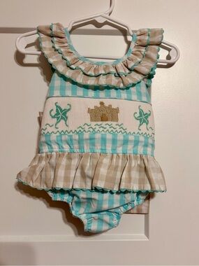 Castles & Crowns Sand Castle Smocked Ruffled Bubble Romper Size 12 month